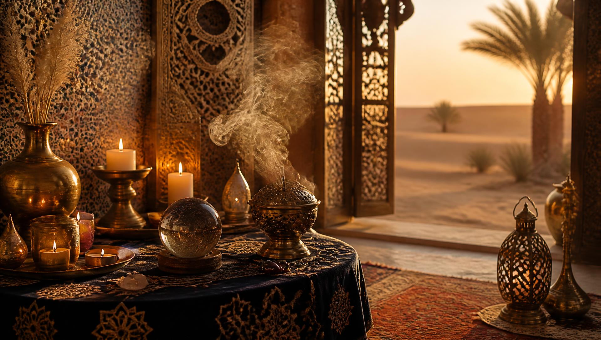 Espace de consultation fakih avec encens, bougies et boule de cristal dans une ambiance marocaine chaleureuse
